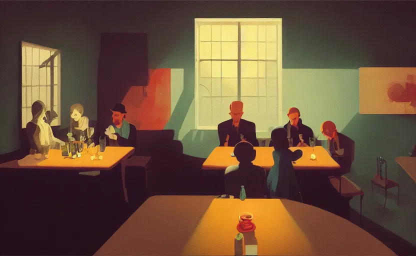 Image similar to a mysterious surreal dimly lit dinner scene illustration by atey ghailan and escher and edward hopper, surreal