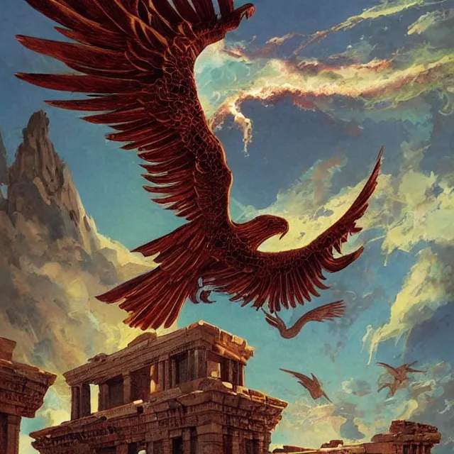 Prompt: a phoenix flying above the architectural ruins of persepolis by greg rutkowski and frank frazetta and peter mohrbacher and william blake and dan mumford