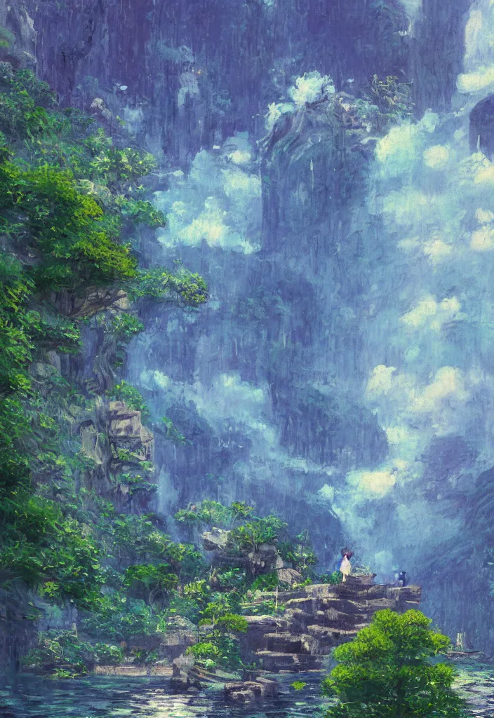 Prompt: tiny kodama in front of a japanese city in the mountain surrounded by waterfall. cyberpunk, boats flying. beautiful blue sky. gorgeous epic nature, lofi, vivid colors, amazing light, by jeremy lipkin, by claude monet, heavily inspired by makoto shinkai, inspired by ghibli, masterpiece, multiple brush strokes, impressionist style