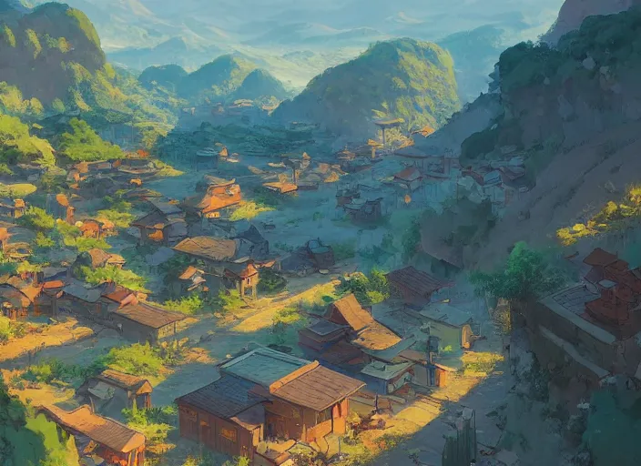 Image similar to concept art painting of a small village in a valley seen from above, european japanese buildings, early morning, cel shaded, detailed, realistic, by makoto shinkai and moebius and anton fadeev and james gurney