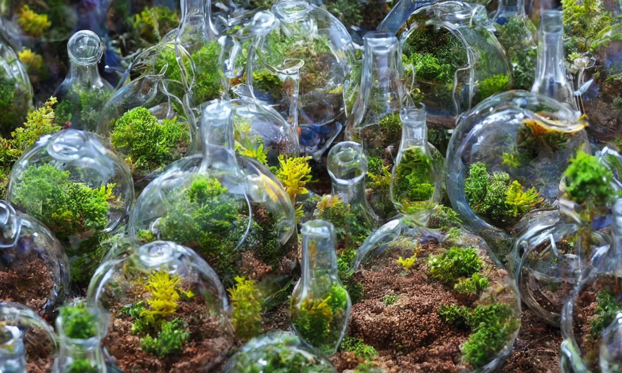 Image similar to terrarium worlds in mccartney bottles 8 k /