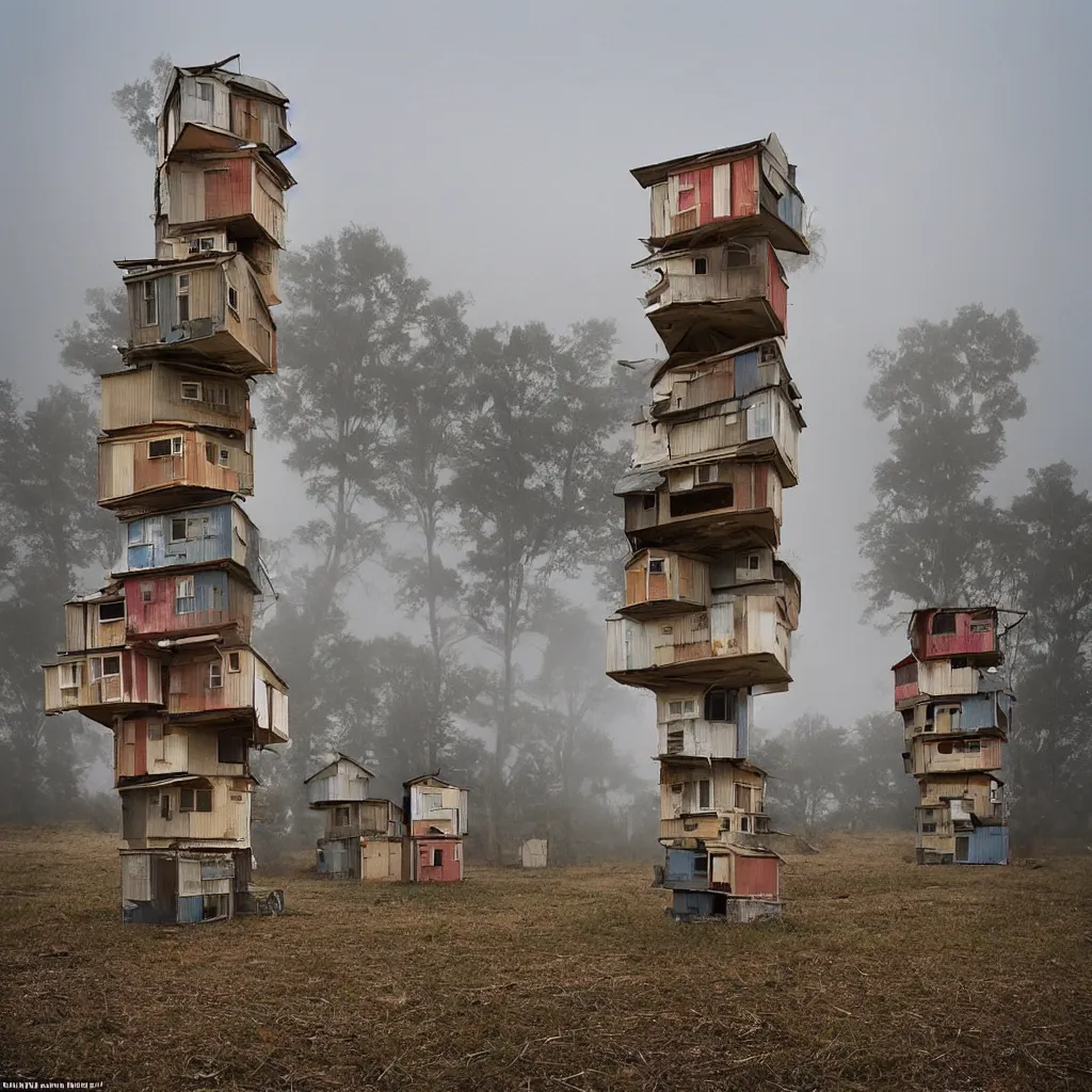 Image similar to towers made up of stacked makeshift squatter shacks with faded colours suspended over a quagmire, plain uniform sky at the back, misty, mamiya, ultra sharp, very detailed, photographed by julie blackmon, cristina de middel and john chiara