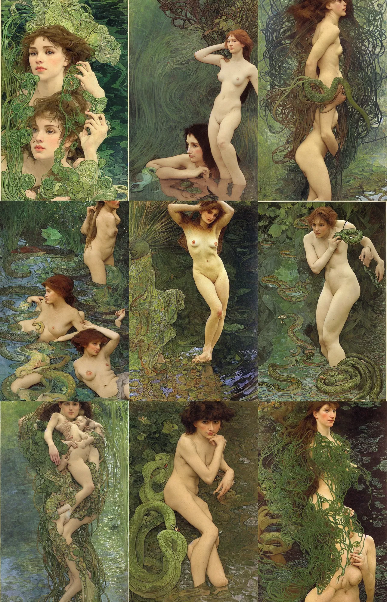 Prompt: hyperrealist portrait in a river, bengali, snakes, full body green water algae by alphonse mucha and lucian freud and bouguereau, very detailed faces