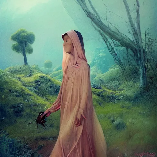 Prompt: beautiful bellidancer girl walks around Socotra among plants, flowers, trees and snags in a long transparent flowing dress and meets mystical animals, mystical insects, mystical birds, lizards, snakes, gorgeous, intricate, hypnotic dimensions, ruan jia, steve mccurry, Zdzislaw Beksinski style, sharp focus, intricate concept art, digital painting, ambient lighting, 4k, hdt, artstation trending on Gsociety, trending on ArtstationHQ, hyper quality, 16K