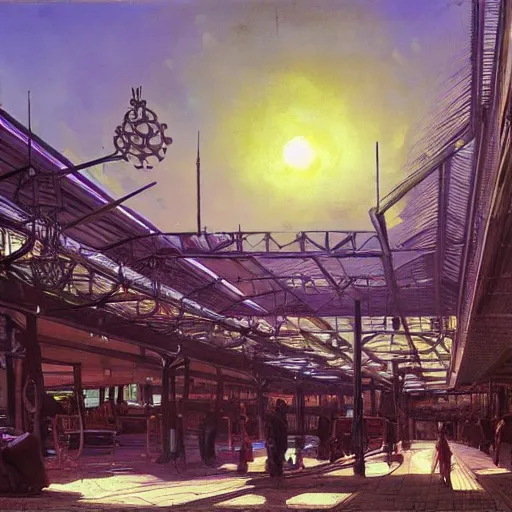 Image similar to painting of syd mead artlilery scifi organic shaped bus park with ornate metal work lands on a farm, fossil ornaments, volumetric lights, purple sun, andreas achenbach