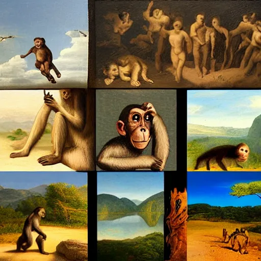 Image similar to evolution from monkey to man, 4 pictures, in the style of the Hudson River School