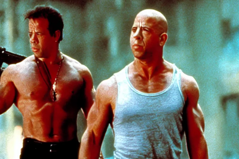 Image similar to film still of Vin Diesel as John McClane in Die Hard 1988