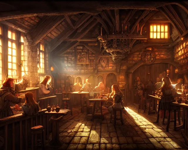 Image similar to a medieval tavern, beautiful, detailed, dark, concept art illustration, color page, tone mapping, akihiko yoshida, james jean, andrei riabovitchev, marc simonetti, digital illustration, greg rutowski, volumetric lighting, sunbeams, particles