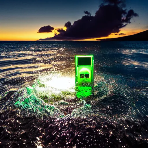 Image similar to 4 k sony a 7 wide angle photo stainless steel shiny reflective boombox speaker half submerged in water with a wave rolling over it in hawaii at dusk with neon lighting