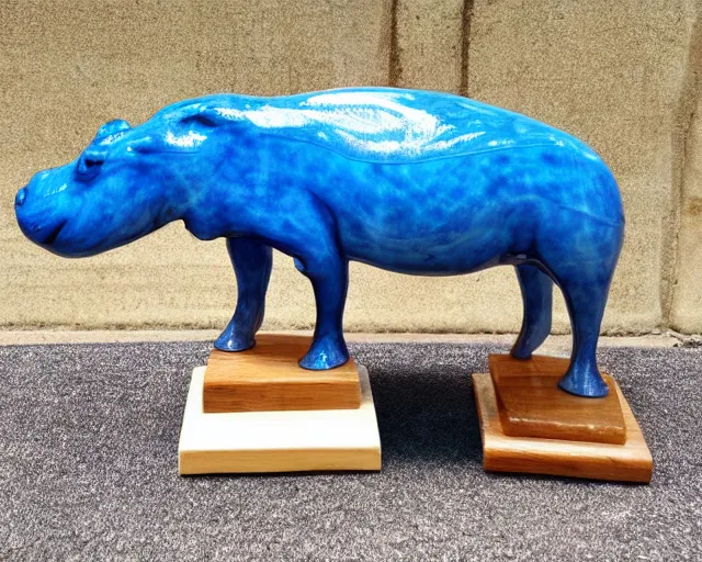 Prompt: small hippopotamus sculpture on a desk with bottom part and legs made out of wood and back and top part out of blue epoxy resin, side view centered