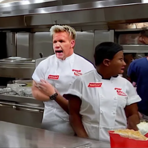 Image similar to gordon ramsay yelling at kfc employees on kitchen nightmares. the employees are lined up and in their kfc uniforms.