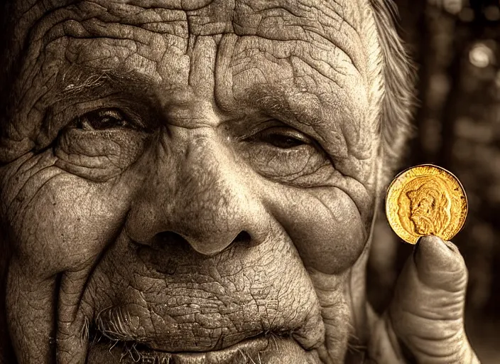 Image similar to old retro burnt out sepia photograph with scratches of an old and wrinkled man biting into a golden coin with his teeth. magical forest in the background with bokeh. Antique. High quality 8k. Intricate. Sony a7r iv 35mm. Award winning. Zdzislaw beksinski style