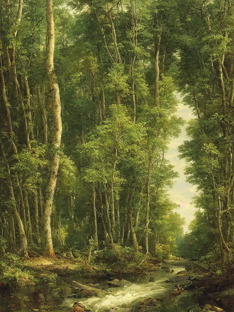 Prompt: stream in a summer cone forest, by shishkin