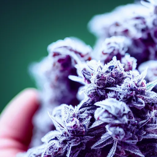 Prompt: closeup of hand holding purple frosty dense marijuana buds, cinematic, 4 k