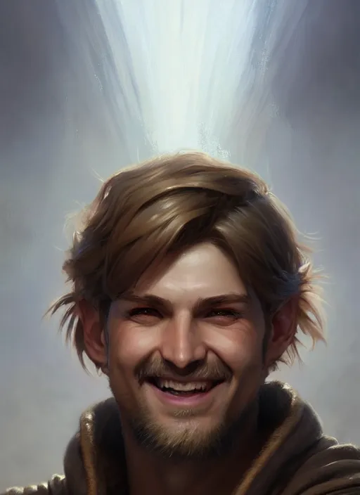 Image similar to a _ fantasy _ style _ portrait _ painting _ of white male short fringe light brown hair short face grinning, rpg dnd oil _ painting _ unreal _ 5 _ daz. _ rpg _ portrait _ extremely _ detailed _ artgerm _ greg _ rutkowski _ greg