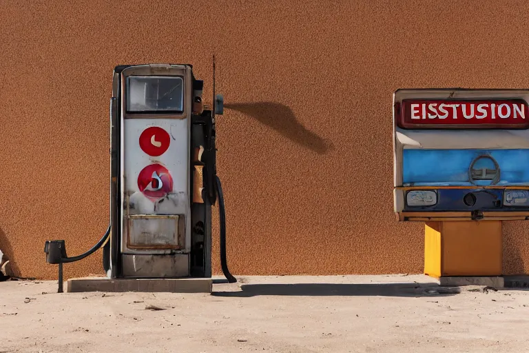 Prompt: an abandoned gas station in the desert, huge rusty sign in the foreground and a planet like Saturn with dust rings in the background, sunny day, wind and dust, low angle, 4k, ultra details, cinematic, epic style, beautiful photo, hyper realistic, octane render, unreal engine, award winning, on artstation, volumetric lightning, masterpiece, golden hour,