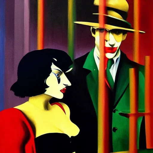 Image similar to edward hopper and mimmo rottela and banksy as joaquin phoenix skinny joker holding hand lady gaga harley queen, medium shot, ultra photorealistic, extreme realistic, intricate details, pop art style, concept art, confident, love, random object movement, 3 colours, warm color, 4 k, ultra smooth, sharp focus