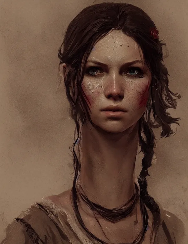 Image similar to close face portrait of a beautiful young female robber as red dead redemption 2 concept art, art by ryo shiotani and greg rutkowski, intricate, beautiful, cute, cinematic lighting, vintage art by serge ivanoff, high resolution, very detailed