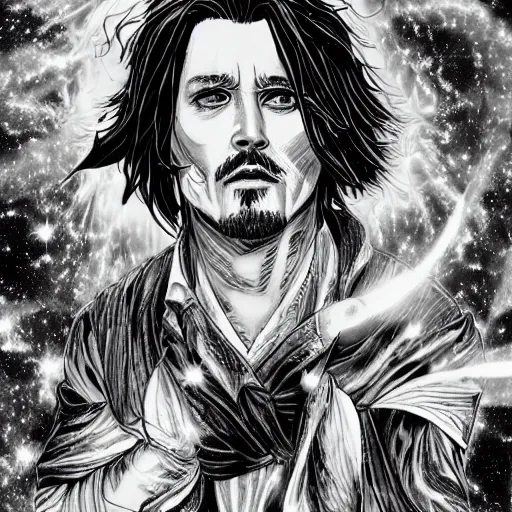 Image similar to black and white pen and ink!!!!!!! Johnny Depp x Ryan Gosling wearing cosmic space robes made of stars final form flowing royal hair golden!!!! Vagabond!!!!!!!! floating magic swordsman!!!! glides through a beautiful!!!!!!! Camellia flower battlefield dramatic esoteric!!!!!! Long hair flowing dancing illustrated in high detail!!!!!!!! by Moebius and Hiroya Oku!!!!!!!!! graphic novel published on 2049 award winning!!!! full body portrait!!!!! action exposition manga panel black and white Shonen Jump issue by David Lynch eraserhead and beautiful line art Hirohiko Araki!! Rossetti, Millais, Mucha, Jojo's Bizzare Adventure