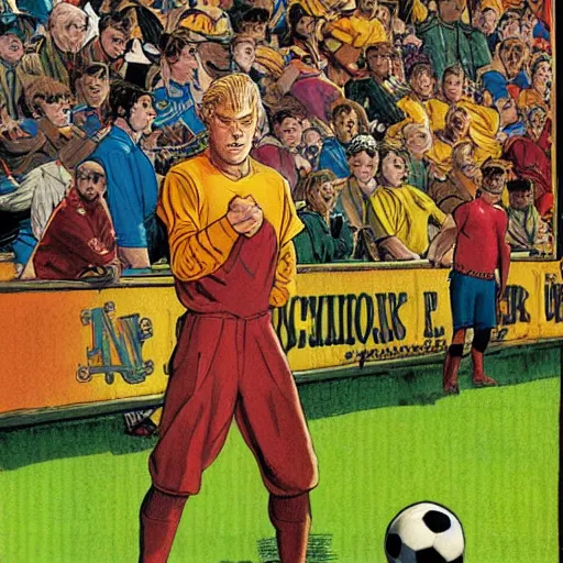 Prompt: a blonde man inspecting a soccer game from the stands. happy, colorful Epic portrait by james gurney and mœbius.