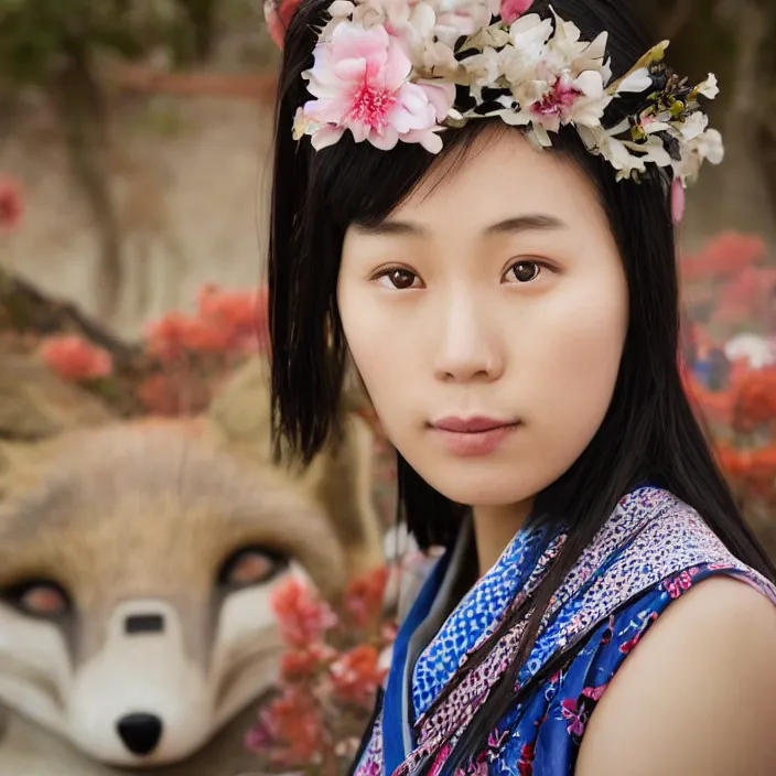 Image similar to portrait photograph of an extremely beautiful!!!! young Asian female , symmetric face!, symmetric round detailed eyes!!, slight smile, natural light, wearing a flower kimono!! with a very detailed fox!! behind her shoulder in front of a hot spring. looking at the camera!!. super resolution. Extremely detailed. Graflex camera!, bokeh!!!!! trending on artstation.