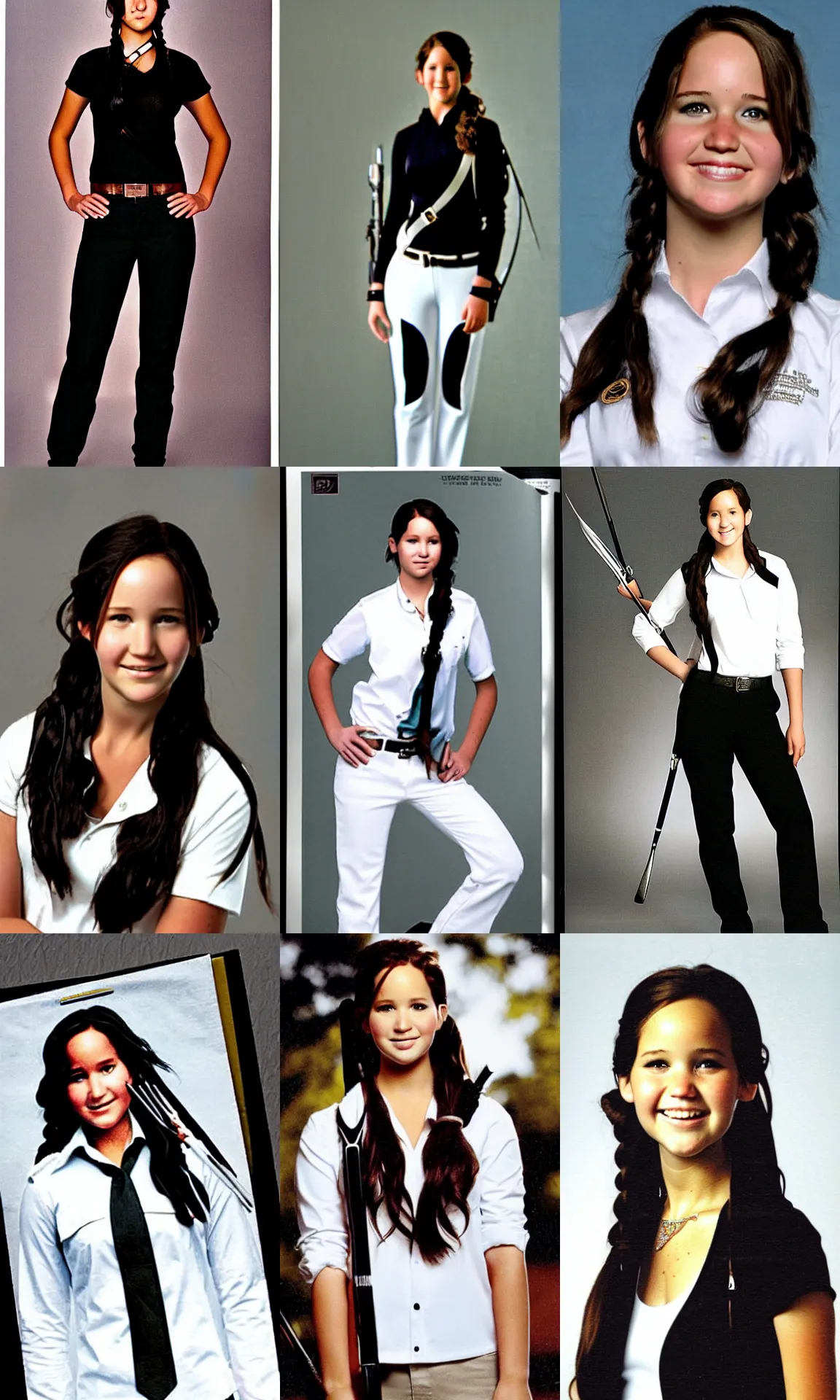 Prompt: high school yearbook photo of katniss everdeen, wearing a white shirt and black trousers, 2 0 0 9