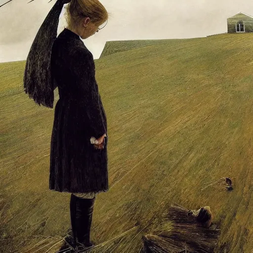 Prompt: Elle Fanning in the world of Andrew Wyeth, stormy weather, extremely detailed masterpiece, oil on canvas, Roger Deakin’s cinematography, by Norman Rockwell,