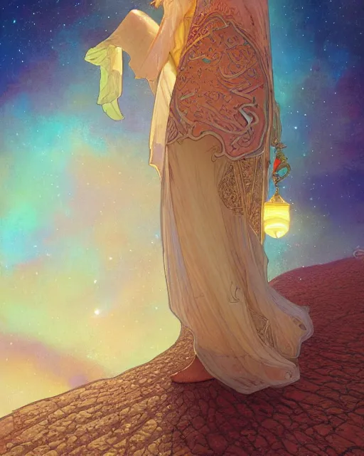 Prompt: an open quran on an old stone in the desert surrounded by nebula, highly detailed, gold filigree, romantic storybook fantasy, soft cinematic lighting, award, disney concept art watercolor illustration by mandy jurgens and alphonse mucha and alena aenami, pastel color palette, featured on artstation