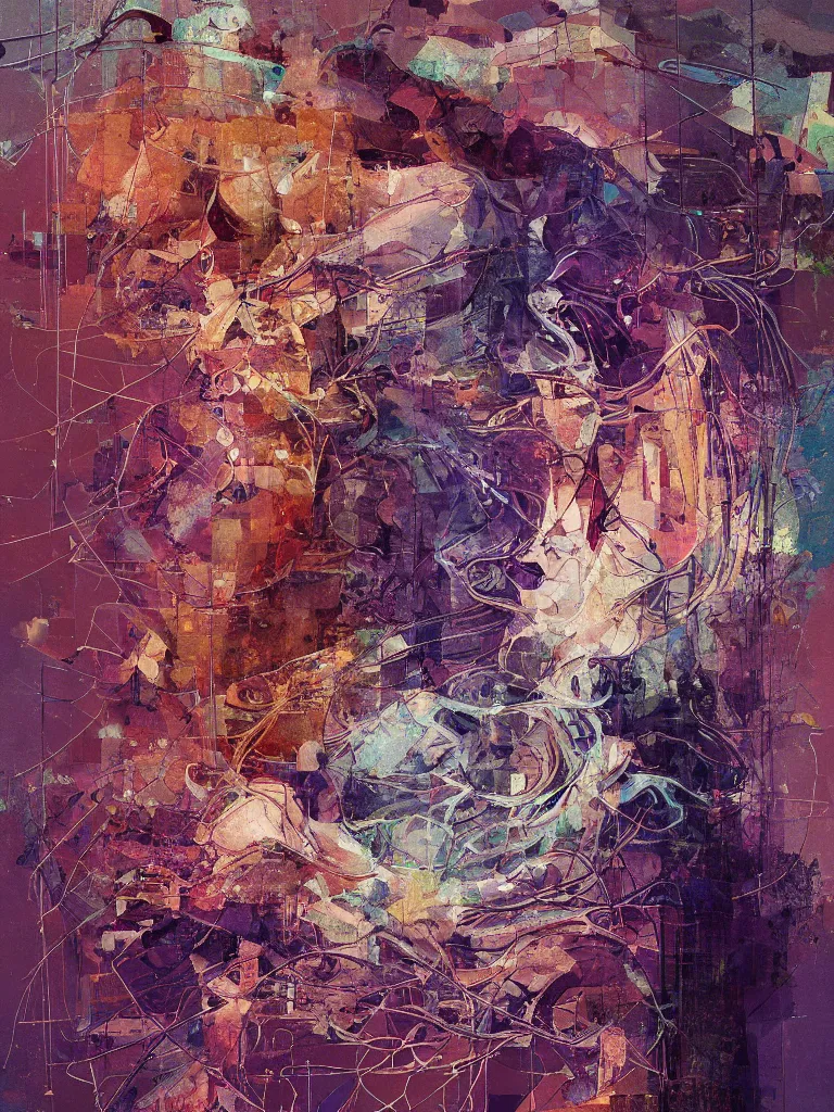Prompt: a beautiful glitched painting by robert proch of an anatomy study of the human nervous system on colored square shapes by atelier olschinsky, color bleeding, pixel sorting, copper oxide and rust materials, brushstrokes by jeremy mann, cold top lighting, pastel purple background