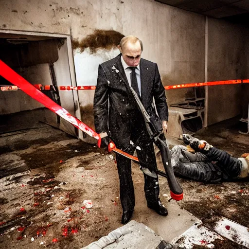 Image similar to putin with a chainsaw and a corpse. in a concrete bunker. focus on putins face with blood splatters. canon eos r 3, f / 1. 4, iso 1 6 0 0, 1 / 8 0 s, 8 k, raw, grainy