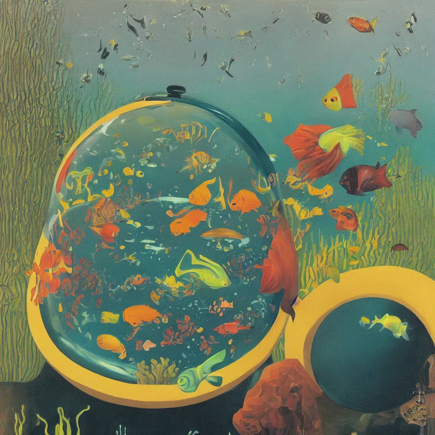 Prompt: “painting of a scuba diver swimming in a fish bowl . the bowl is standing in the desert, style of henri rousseau”