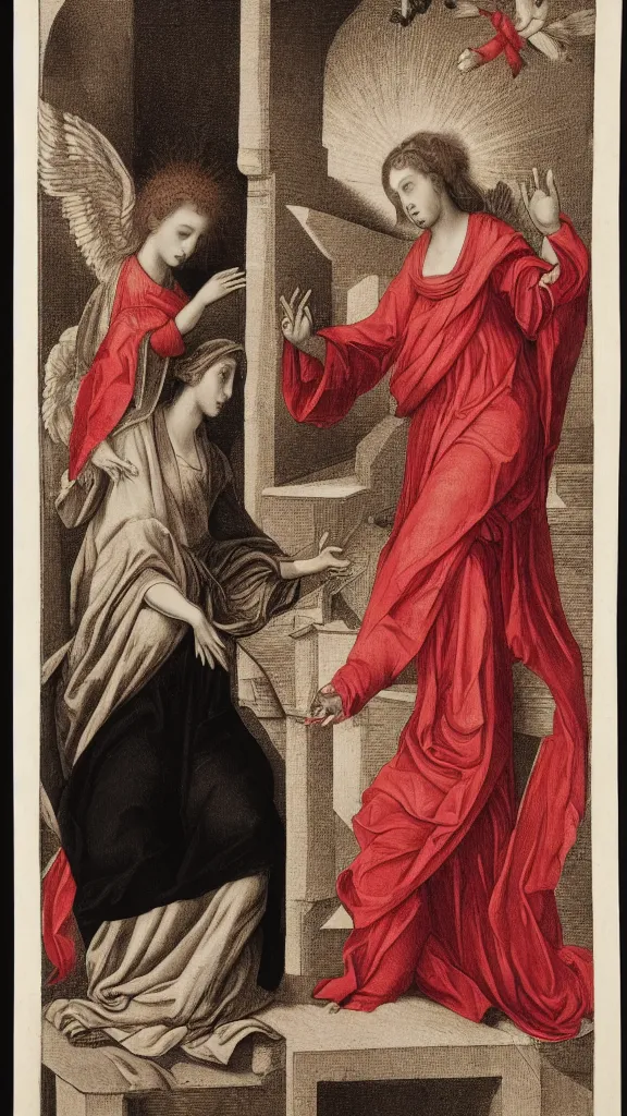 Prompt: an 18th century etching of the annunciation, colours black white and red, perfectly preserved, 8k UHD, with detailed border