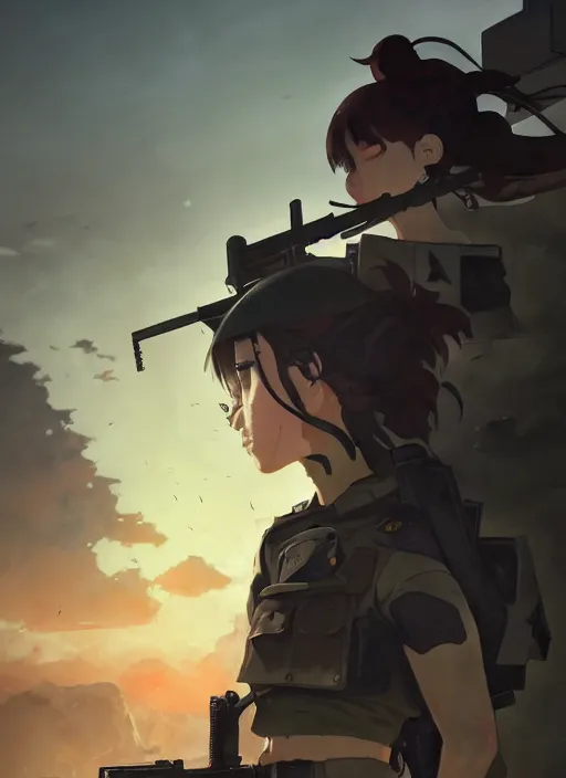 Image similar to portrait of soldier girl killing her enemy, black sky background lush landscape illustration concept art anime key visual trending pixiv fanbox by wlop and greg rutkowski and makoto shinkai and studio ghibli and kyoto animation soldier clothing military gear realistic anatomy mechanized