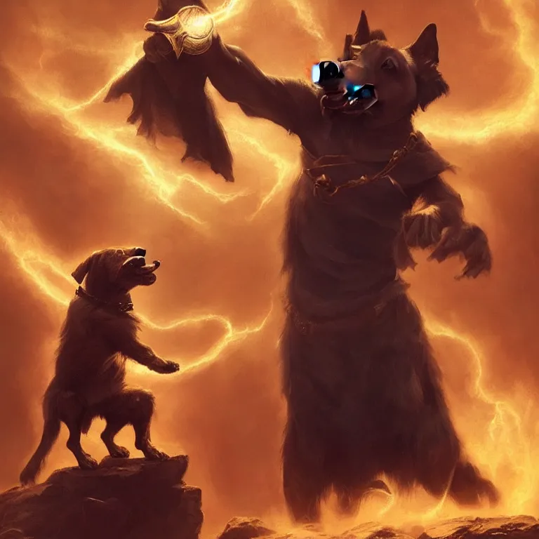 Prompt: dog wizard casting a powerful magic spell, fantasy, majestic pose, dramatic lighting, cinematic scene, frank frazetta, visually stunning, trending on artstation