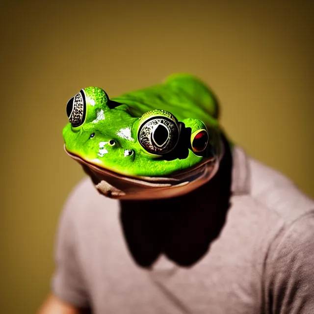 Prompt: man wearing a frog head, highly detailed, 4 k, hdr, smooth, sharp focus, high resolution, award - winning photo, boris valejo, photorealistic