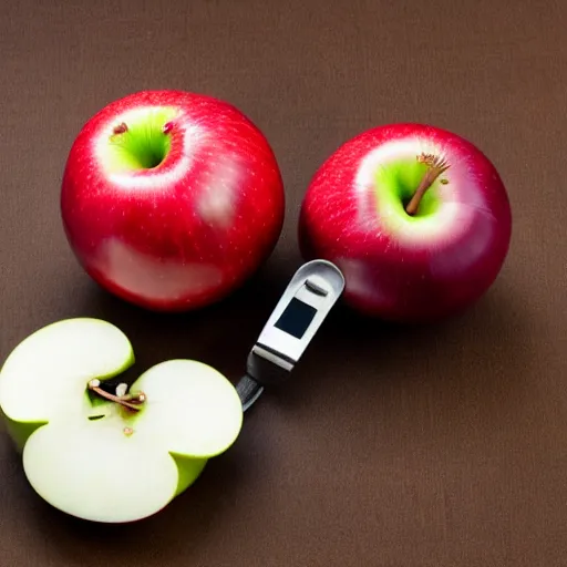 Image similar to set of balance scales with weights, weighing one apple and one onion