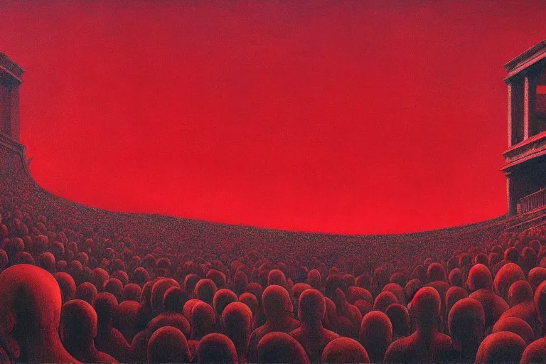 Image similar to only with red, a red great emperor, taormina amphitheatre, crowd with big smile, in the style of beksinski, parts by edward hopper, parts by rodcenko, parts by yue minjun, intricate and epic composition, red by caravaggio, insanely quality, highly detailed, masterpiece, red light, artstation, 4 k