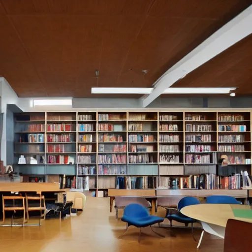 Prompt: an explosion of creativity in a midcentury modern library