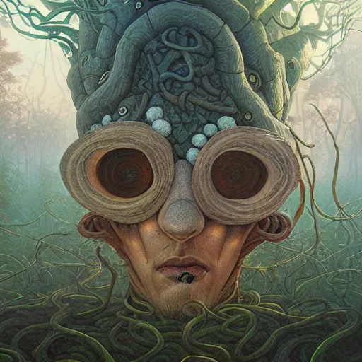 Image similar to fungus labyrinth mohawk projector portrait by gaston bussierre and charles vess and james jean and erik jones and rhads, inspired by rick and morty, epic, funny, huge scale, beautiful fine face features, intricate high details, sharp, ultradetailed