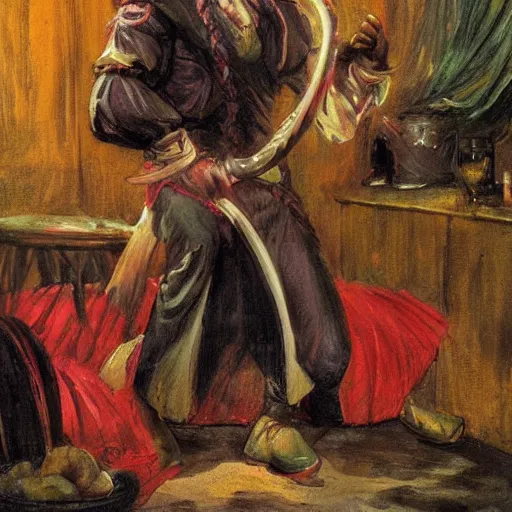 Prompt: D&D character portrait tiefling bard in a tavern playing a song but bad designed by john romita jr. painted by Edwin Austin Abbey