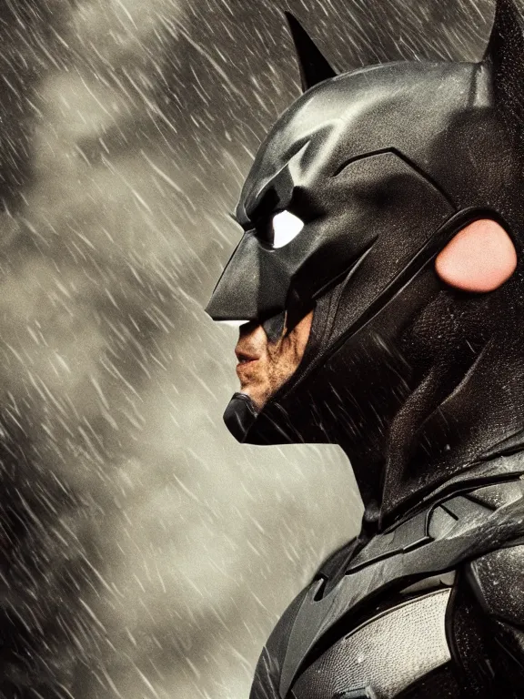 Image similar to film still, ryan renolds as batman, no mask, hyperrealism, moody lighting, rain, intricate, 8 k