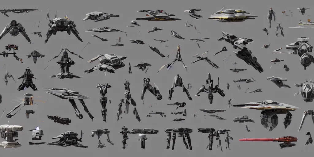 Image similar to collection of futuristic sci - fi props and gadget, items, hard surface, kitbash, parts, exploration of shape and forms, in watercolor gouache detailed paintings, star citizen, modular, pieces, moebius, weapon, guns, destiny, big medium small, insanely details, wes anderson, bungie, star wars, simon stalenhag, no man's sky