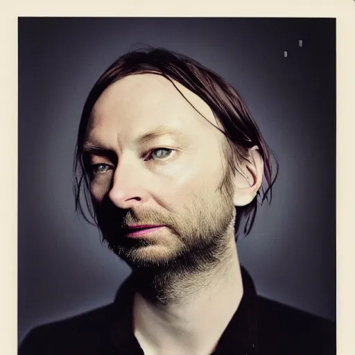 Prompt: Radiohead, Thom, with a beard and a black shirt, a computer rendering by Martin Schoeller, cgsociety, de stijl, uhd image, tintype photograph, studio portrait, 1990s, calotype