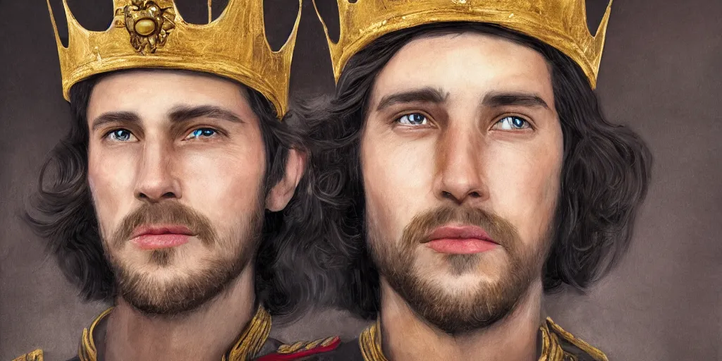 Prompt: realistic portrait of the future king with golden crowns and pretty eyes, ultra realistic, 8k