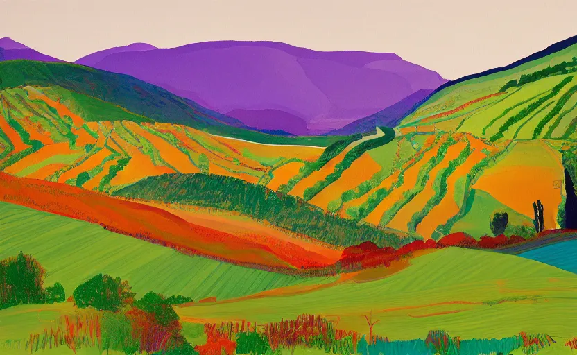 Prompt: A beautiful painting of scotland hills by David hockney