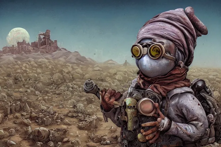 Image similar to a highly detailed forgotten garden gnome wearing goggles and head scarf surviving in a vast barren desert, hopeless wasteland background with a relentless raging sun overhead, post - apocalyptic road warrior vibe, full body, wide angle, an ultrafine detailed painting by joe fenton, trending on deviantart, pop surrealism, whimsical, lowbrow, perfect symmetrical face, sharp focus, octane, masterpiece