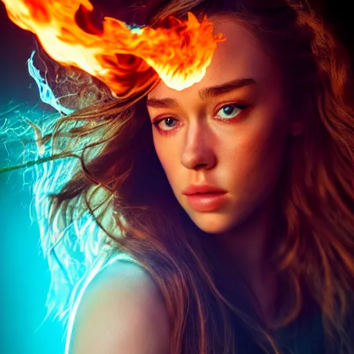 Image similar to portrait of alycia debnam carey as a pyromancer , aruze colour aura, dreamwalker, EOS R5, f/2.8, HDR, studio light, medium close shot, dynamic pose, award winning photograph, Michelangelo style