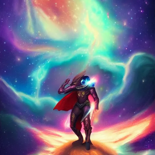 Image similar to armored sorcerer surfing on a nebula, rich epic dynamic artwork