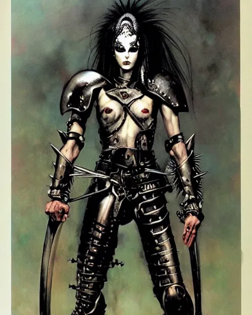 Image similar to portrait of an androgynous skinny punk goth warrior wearing armor by simon bisley, john blance, frank frazetta, fantasy