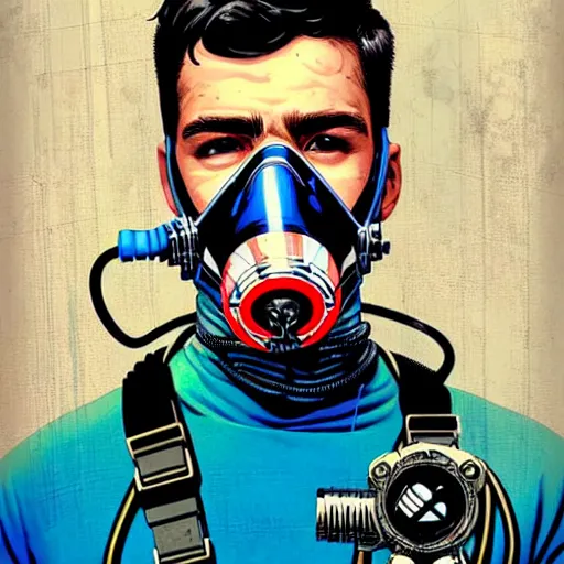 Image similar to portrait of a male diver with a oxygen mask intricate details mask by MARVEL comics and Sandra Chevrier